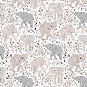 Energetic Elephants with Whimsical Wildflowers - pale taupe, medium 