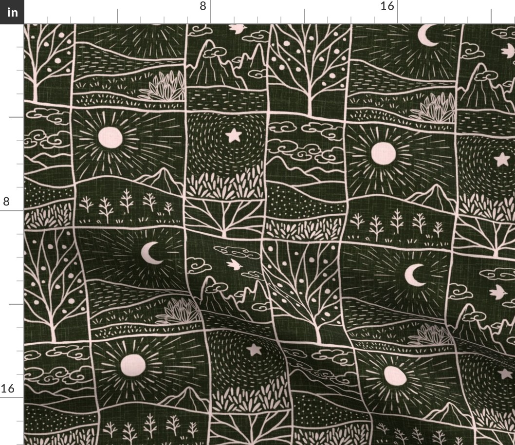  (M)-Bohemian Wilderness Map  Line Art-Block print-Tree-Sun-Moon-Hand-drawn-Textured-Monochrome-black and white