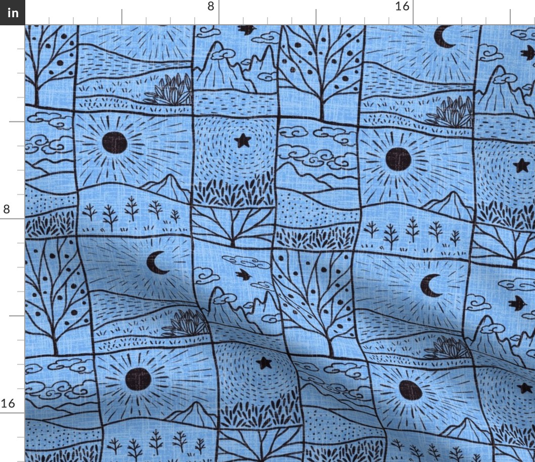  (M)-Bohemian Wilderness Map  Line Art-Block print-Tree-Sun-Moon-Hand-drawn-Textured-Monochrome-Black-Blue