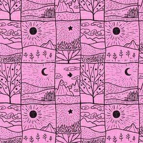  (M)-Bohemian Wilderness Map  Line Art-Block print-Tree-Sun-Moon-Hand-drawn-Textured-Monochrome-Pink-Black