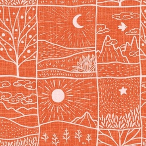  (M)-Bohemian Wilderness Map  Line Art-Block print-Tree-Sun-Moon-Hand-drawn-Textured-Monochrome-Orange
