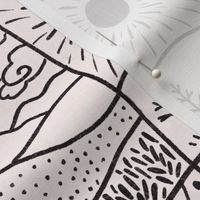  (M)-Bohemian Wilderness Map  Line Art-Block print-Tree-Sun-Moon-Hand-drawn-Textured-Monochrome-White and Black