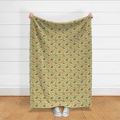 dog vacation | ginger red retriever | photobombing all vacation pictures | fun summer dog bandana print | doggy water play | warm spring green  sage peach mustard cream muted warm pastels | medium