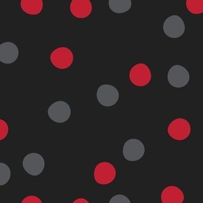 Festive Party Polka Dots Tossed in Crimson Red and Charcoal Gray on Black