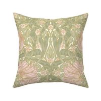 Pimpernel - Large 14"  - historic reconstructed damask wallpaper by William Morris - antiqued restored reconstruction in blush peach and white spring green - art nouveau art deco - metal glamour effect