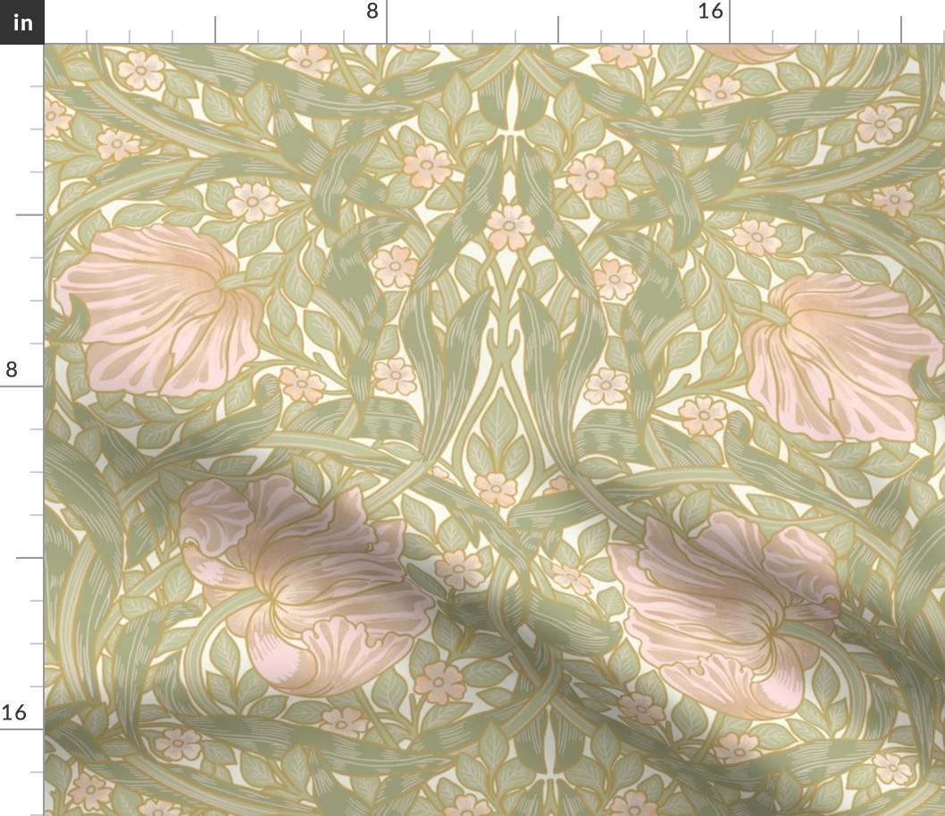 Pimpernel - Large 14"  - historic reconstructed damask wallpaper by William Morris - antiqued restored reconstruction in blush peach and white spring green - art nouveau art deco - metal glamour effect