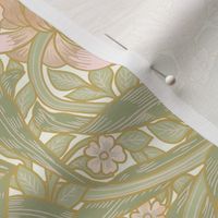 Pimpernel - MEDIUM 14"  - historic reconstructed damask wallpaper by William Morris - antiqued restored reconstruction in blush peach and white spring green - art nouveau art deco - metal glamour effect