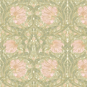 Pimpernel - MEDIUM 14"  - historic reconstructed damask wallpaper by William Morris - antiqued restored reconstruction in blush peach and white spring green - art nouveau art deco - metal glamour effect