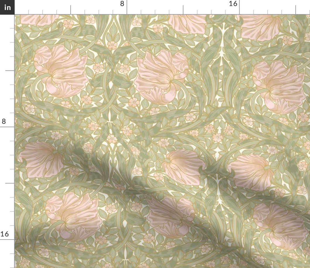 Pimpernel - MEDIUM 14"  - historic reconstructed damask wallpaper by William Morris - antiqued restored reconstruction in blush peach and white spring green - art nouveau art deco - metal glamour effect