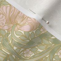 Pimpernel - SMALL 10"  - historic reconstructed damask wallpaper by William Morris - antiqued restored reconstruction in blush peach and white spring green - art nouveau art deco - metal glamour effect