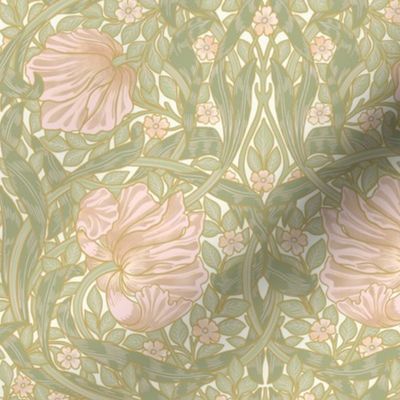 Pimpernel - SMALL 10"  - historic reconstructed damask wallpaper by William Morris - antiqued restored reconstruction in blush peach and white spring green - art nouveau art deco - metal glamour effect