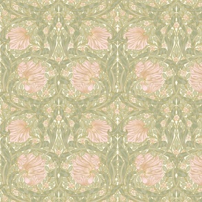 Pimpernel - SMALL 10"  - historic reconstructed damask wallpaper by William Morris - antiqued restored reconstruction in blush peach and white spring green - art nouveau art deco - metal glamour effect