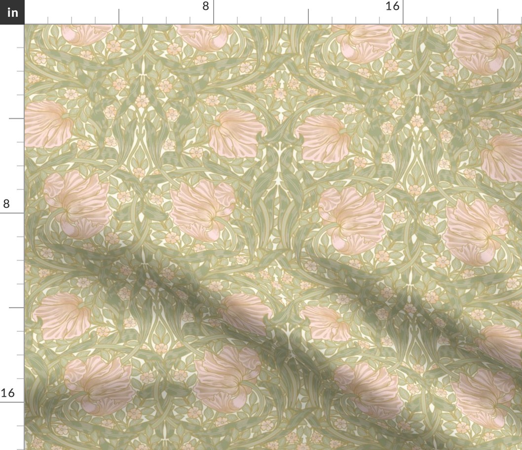 Pimpernel - SMALL 10"  - historic reconstructed damask wallpaper by William Morris - antiqued restored reconstruction in blush peach and white spring green - art nouveau art deco - metal glamour effect