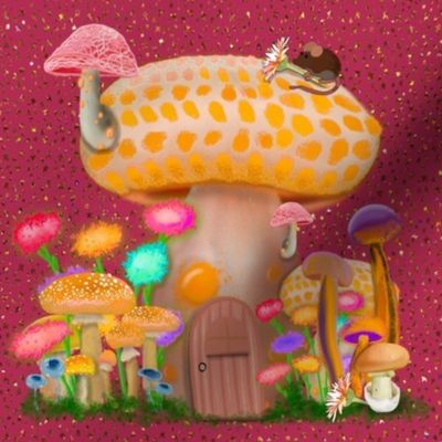 Mushroom Cottage Mouse and Stars on Dark pink