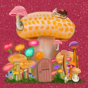 Mushroom Cottage Mouse and Stars on Dark pink