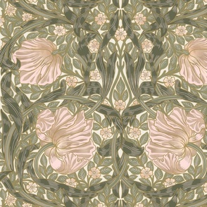 Pimpernel - Large 21"  - historic reconstructed damask wallpaper by William Morris - antiqued restored reconstruction in blush peach and dark sage green - art nouveau art deco - metal glamour effect