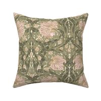 Pimpernel - Medium 14"  - historic reconstructed damask wallpaper by William Morris - antiqued restored reconstruction in blush peach and dark sage green - art nouveau art deco - metal glamour effect