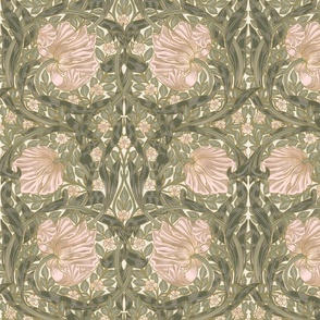 Pimpernel - Medium 14"  - historic reconstructed damask wallpaper by William Morris - antiqued restored reconstruction in blush peach and dark sage green - art nouveau art deco - metal glamour effect