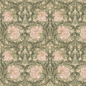 Pimpernel - Small 14"  - historic reconstructed damask wallpaper by William Morris - antiqued restored reconstruction in blush peach and dark sage green - art nouveau art deco - metal glamour effect