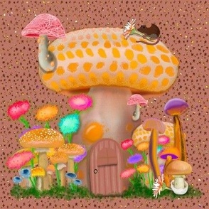Mushroom Cottage Mouse and Stars on Mauve Pink