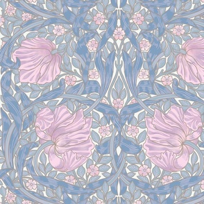 Pimpernel - Large 21"  - historic reconstructed damask wallpaper by William Morris - antiqued restored reconstruction in cool lilac and pink - art nouveau art deco - metal glamour effect