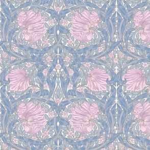 Pimpernel - Medium 14"  - historic reconstructed damask wallpaper by William Morris - antiqued restored reconstruction in cool lilac and pink - art nouveau art deco - metal glamour effect