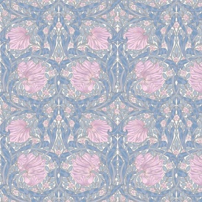 Pimpernel - Small 10"  - historic reconstructed damask wallpaper by William Morris - antiqued restored reconstruction in cool lilac and pink - art nouveau art deco - metal glamour effect