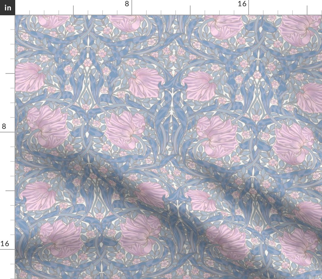 Pimpernel - Small 10"  - historic reconstructed damask wallpaper by William Morris - antiqued restored reconstruction in cool lilac and pink - art nouveau art deco - metal glamour effect