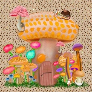 Mushroom Cottage Mouse and Stars on Cream Tan