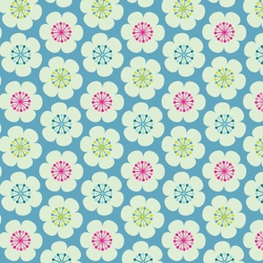 retro geo scandi flowers in mint hot pink, yellow on cornflower light blue, fun and playful