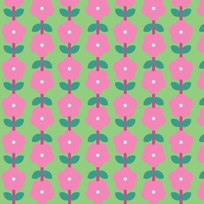 vintage retro 60's - 70's abstract scandi small flowers with leaves-hot pink on grass green (S)