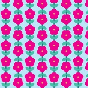 retro 60's - 70's abstract scandi small flowers with leaves-hot pink, green on cornflower blue (S)