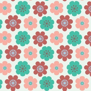 retro geo scandi flowers in brick brown peach and mint, fun and playful