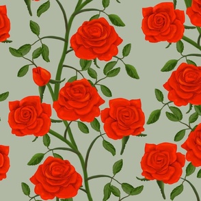 Rose Wall Red on Sage Green