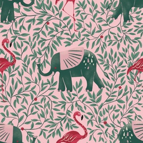 Elephant and flamingo love in pink