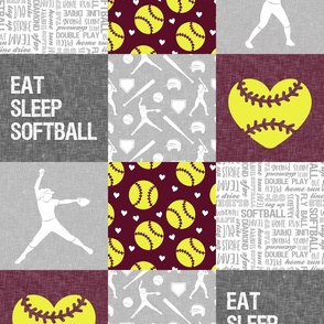 Eat Sleep Softball - softball patchwork - heart softball - fast pitch wholecloth - maroon/yellow - LAD24