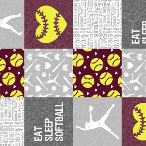 Eat Sleep Softball - softball patchwork - heart softball - fast pitch wholecloth - maroon/yellow (90) - LAD20
