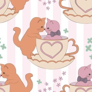 medium// Lovely Cute Cats in love tea cups Grand Millenial Pink Stripes and Orange