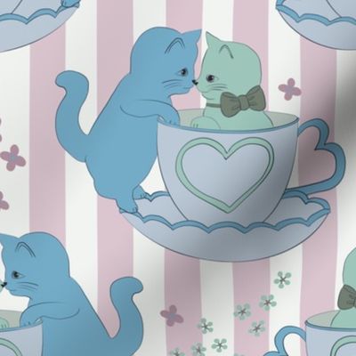 medium// Lovely Cute Cats in love tea cups Grand Millenial Blue and Mint