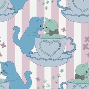 medium// Lovely Cute Cats in love tea cups Grand Millenial Blue and Mint
