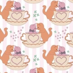 small// Lovely Cute Cats in love tea cups Grand Millenial Pink Stripes and Orange
