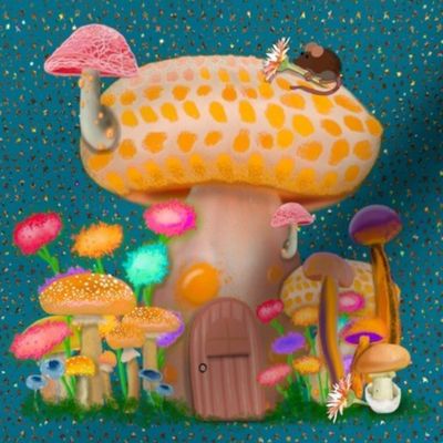 Mushroom Cottage Mouse and Stars on Teal
