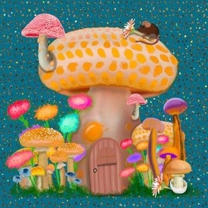 Mushroom Cottage Mouse and Stars on Teal
