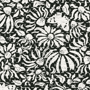 abstract echinacea purpurea l black & off white l grid stitched l large
