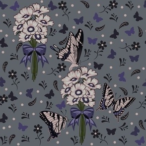 Butterflies and Daisy Bouquets - Blue-Gray Colorway