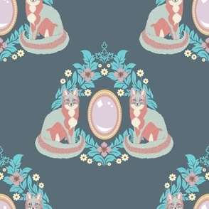 Cottagecore Foxes, Floral Wreaths, and Gemstones Damask - Slate Gray Colorway