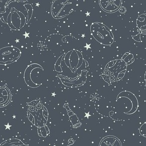Medium // Imagination Society // Adventure Gear Constellations // Magical Kid // Sweet Dream Explorer // Star Donut Owl Flying Ship Crescent Moon Globe Compass Anchor Telescope X Marks The Spot // Navy Mint