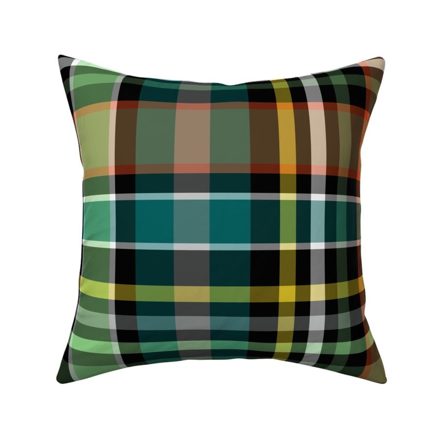 Colorful Plaid in Dark Turquoise, Light Gray,  Orange, Yellow, Mint Green, Dark Green, Black and White