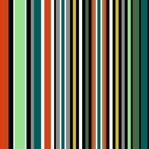 Colorful Stripes in Dark Turquoise, Light Gray,  Orange, Yellow, Mint Green, Dark Green, Black and White