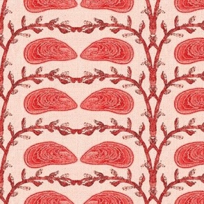 12” repeat handdrawn seaweed and mussels in vertical stripes with faux woven burlap texture in shades of coral orange pink